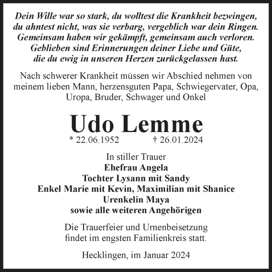 Traueranzeige von Udo Lemme von Volksstimme Staßfurt