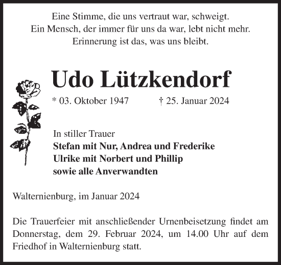 Traueranzeige von Udo Lützkendorf von Volksstimme Zerbst