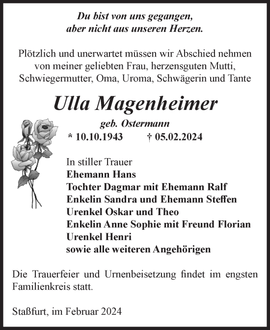 Traueranzeige von Ulla Magenheimer von Volksstimme Staßfurt