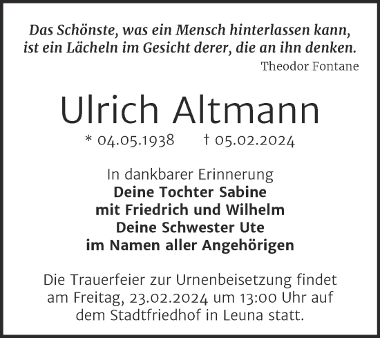 Traueranzeige von Ulrich Altmann von Trauerkombi Merseburg