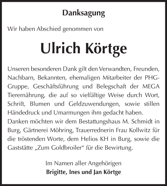Traueranzeige von Ulrich Körtge von Volksstimme Burg/Genthin