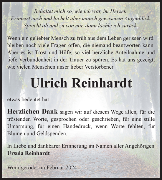 Traueranzeige von Ulrich Reinhardt von Volksstimme Wernigerode