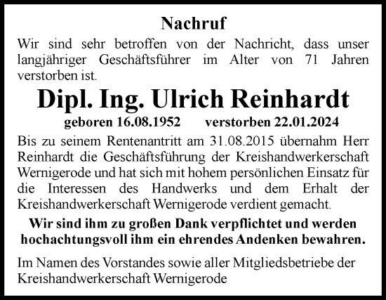 Traueranzeige von Ulrich Reinhardt von Volksstimme Wernigerode