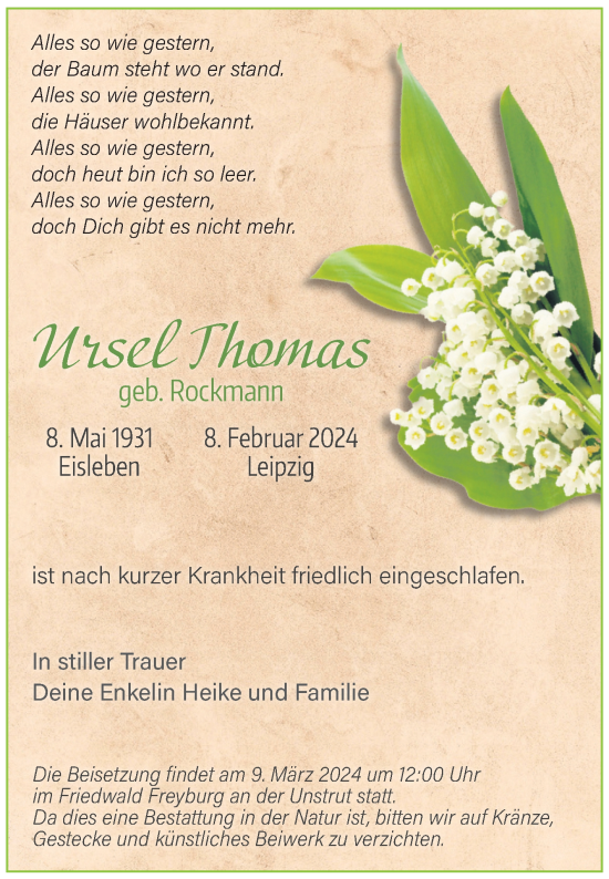 Traueranzeige von Ursel Thomas von Mitteldeutsche Zeitung Mansfelder Land