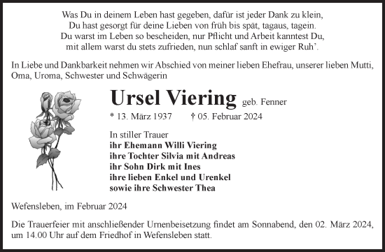 Traueranzeige von Ursel Viering von Volksstimme Oschersleben/Wanzleben