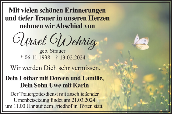 Traueranzeige von Ursel Wehrig von Trauerkombi Dessau