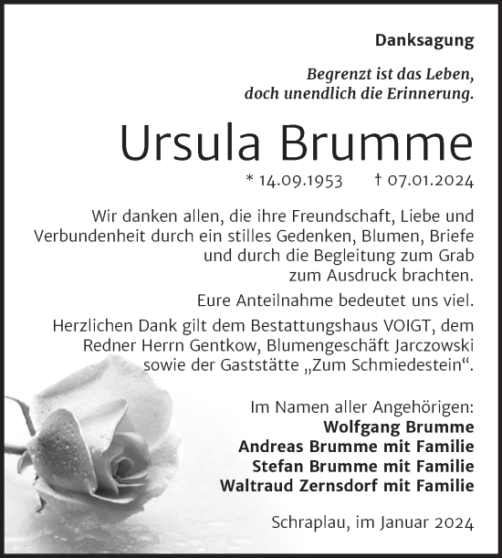 Traueranzeige von Ursula Brumme von Trauerkombi Merseburg