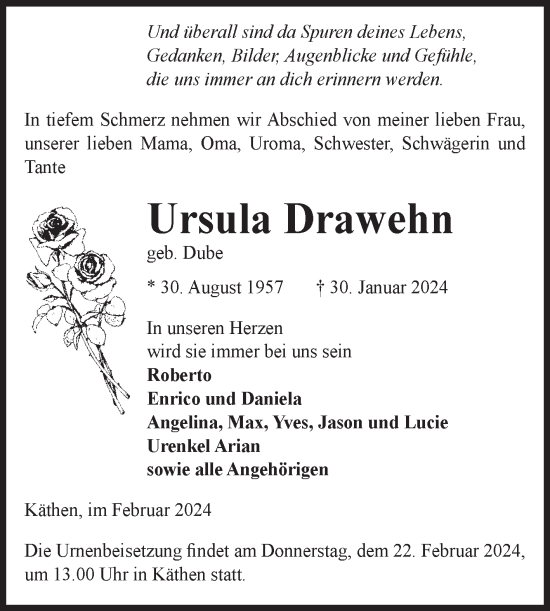 Traueranzeige von Ursula Drawehn von Volksstimme Altmark Ost