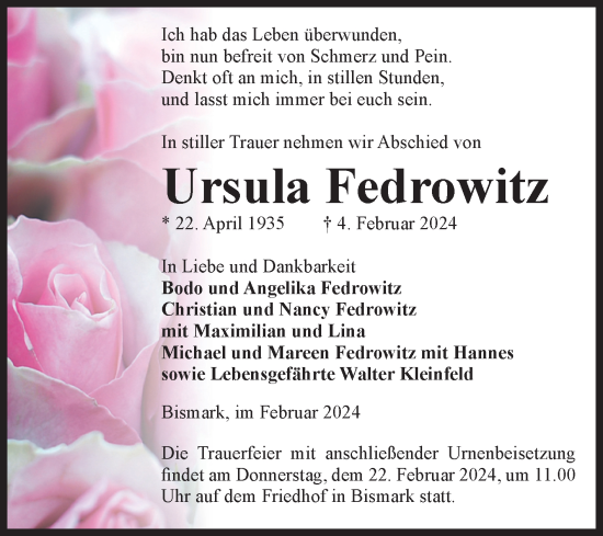Traueranzeige von Ursula Fedrowitz von Volksstimme Altmark Ost
