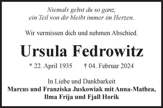 Traueranzeige von Ursula Fedrowitz von Volksstimme Altmark Ost