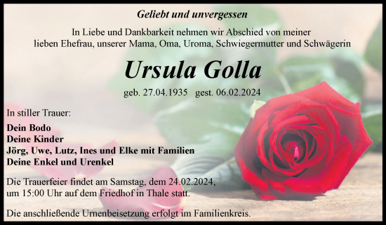 Traueranzeige von Ursula Golla von Trauerkombi Quedlinburg