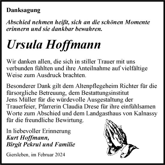 Traueranzeige von Ursula Hoffmann von Trauerkombi Aschersleben