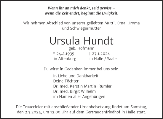 Traueranzeige von Ursula Hundt von Mitteldeutsche Zeitung Halle/Saalkreis