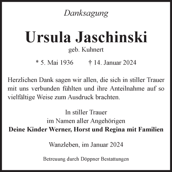 Traueranzeige von Ursula Jaschinski von Volksstimme Oschersleben/Wanzleben