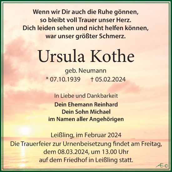 Traueranzeige von Ursula Kothe von Trauerkombi Weißenfels