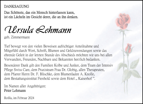 Traueranzeige von Ursula Lehmann von Trauerkombi Sangerhausen