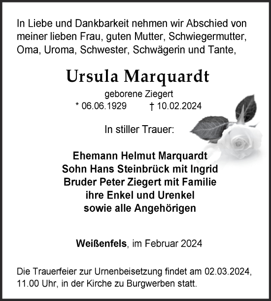 Traueranzeige von Ursula Marquardt von Trauerkombi Weißenfels