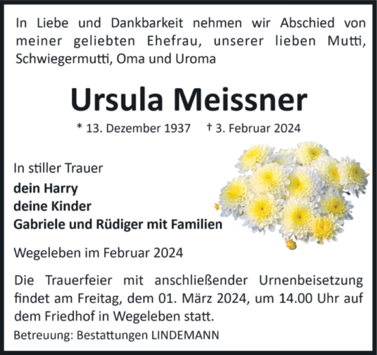 Traueranzeige von Ursula Meissner von Volksstimme Halberstadt