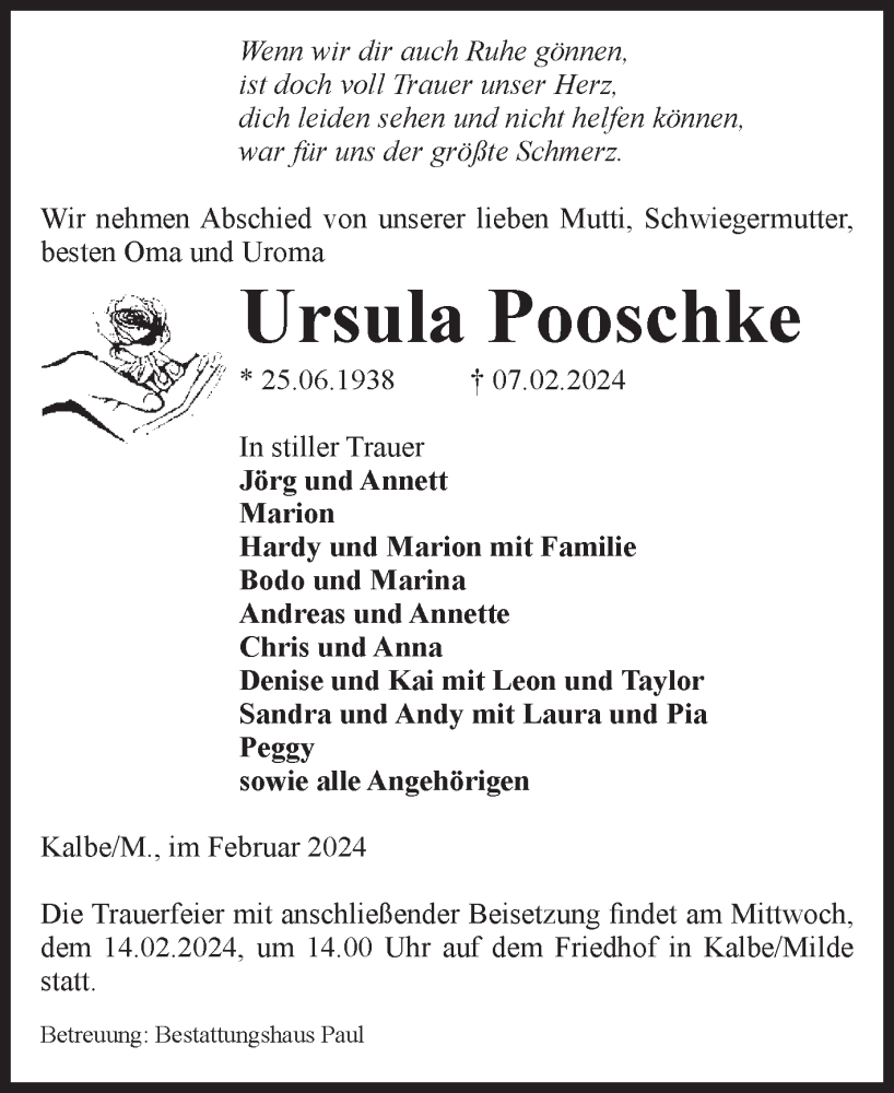  Traueranzeige für Ursula Pooschke vom 10.02.2024 aus Volksstimme Altmark West