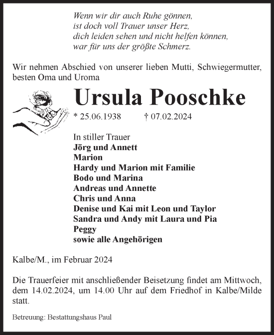 Traueranzeige von Ursula Pooschke von Volksstimme Altmark West