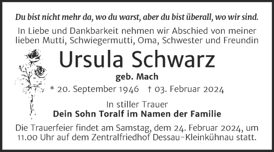 Traueranzeige von Ursula Schwarz von Trauerkombi Dessau