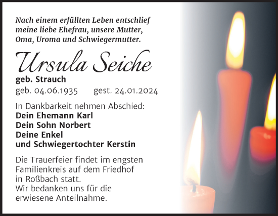 Traueranzeige von Ursula Seiche von Trauerkombi Merseburg