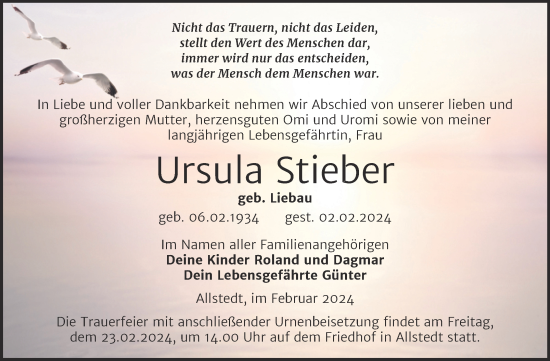 Traueranzeige von Ursula Stieber von Trauerkombi Sangerhausen