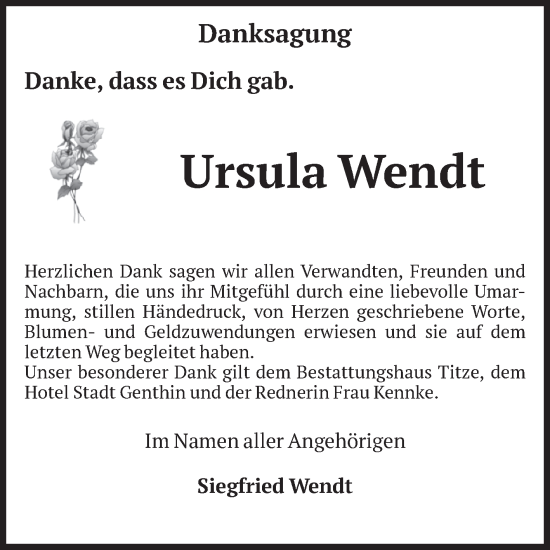 Traueranzeige von Ursula Wendt von Volksstimme Burg/Genthin