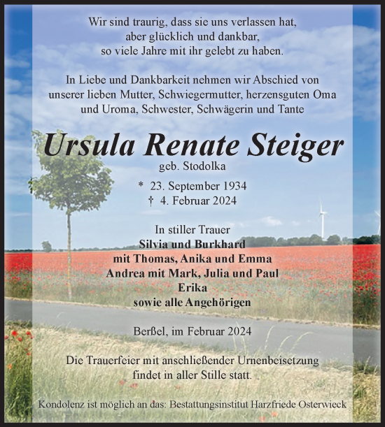 Traueranzeige von Ursula Renate Steiger von Volksstimme Halberstadt