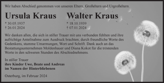 Traueranzeige von Ursula und Walter Kraus von Volksstimme Altmark Ost