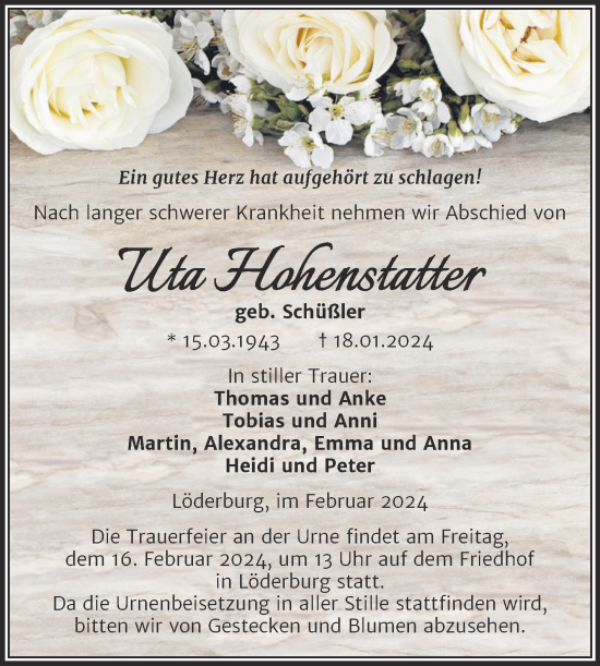 Traueranzeige von Uta Hohenstatter 