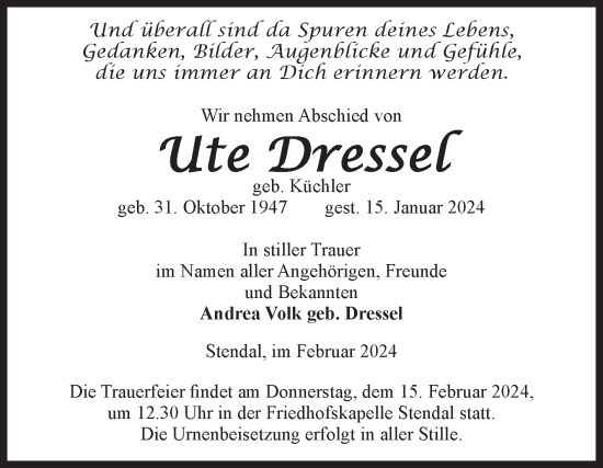 Traueranzeige von Ute Dressel von Volksstimme Altmark Ost