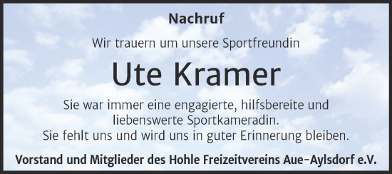 Traueranzeige von Ute Kramer von Trauerkombi Zeitz