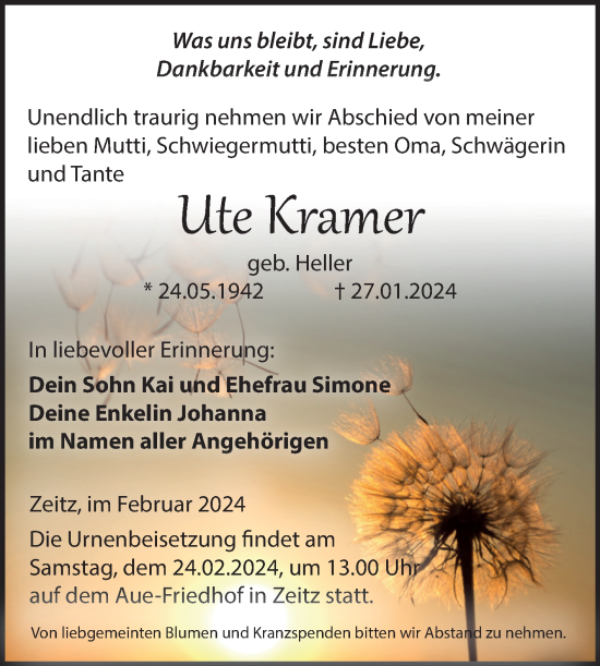 Traueranzeige von Ute Kramer von Trauerkombi Zeitz