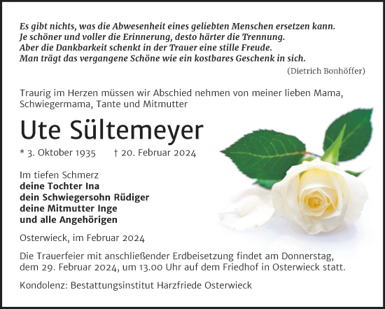 Traueranzeige von Ute Sültemeyer von Volksstimme Halberstadt