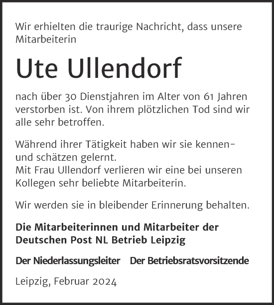 Traueranzeige von Ute Ullendorf von Super Sonntag Mansfelder Land