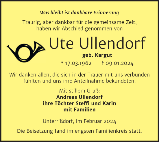 Traueranzeige von Ute Ullendorf von Trauerkombi Mansfelder Land