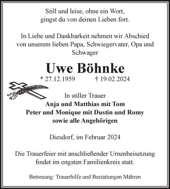 Traueranzeige von Uwe Böhnke von Volksstimme Altmark West