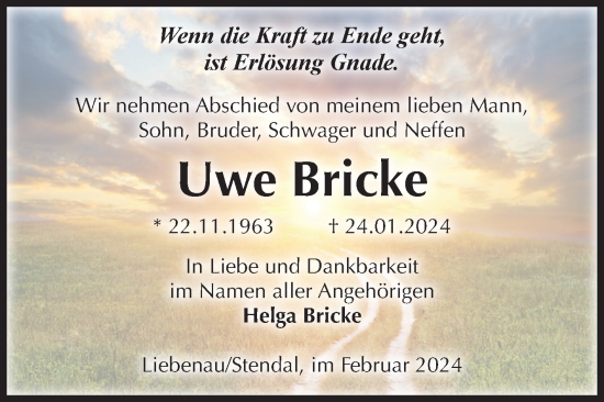 Traueranzeige von Uwe Bricke von Volksstimme Altmark Ost