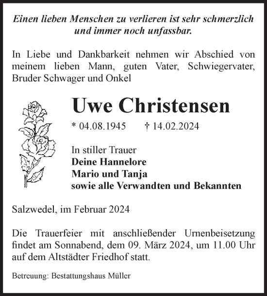 Traueranzeige von Uwe Christensen von Volksstimme Altmark West