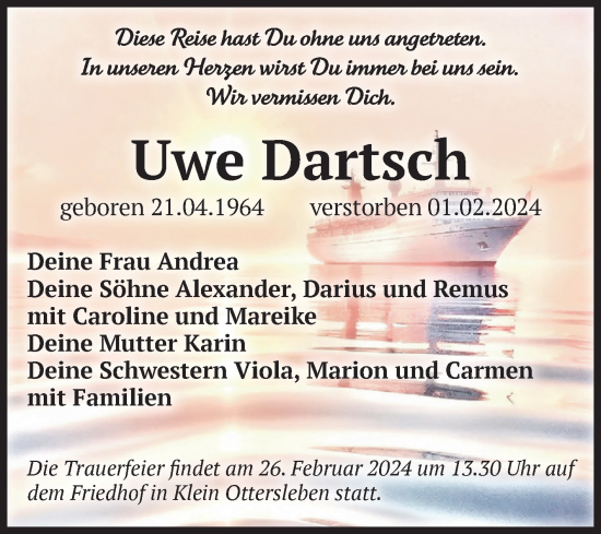 Traueranzeige von Uwe Dartsch von Volksstimme Magdeburg