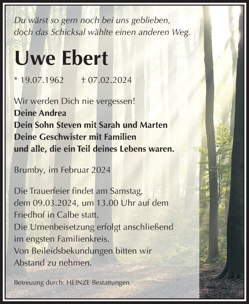  Traueranzeige für Uwe Ebert vom 17.02.2024 aus Volksstimme Schönebeck