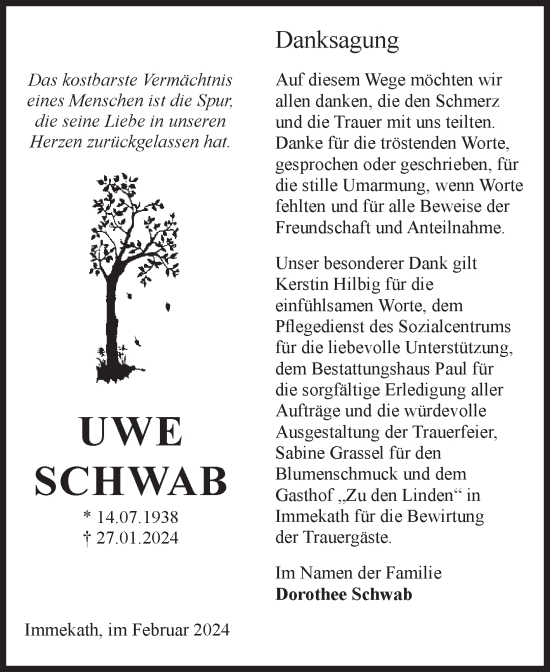 Traueranzeige von Uwe Schwab von Volksstimme Altmark West