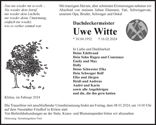 Traueranzeige von Uwe Witte von Volksstimme Altmark West