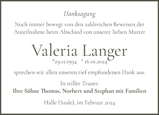 Traueranzeige von Valeria Langer von Mitteldeutsche Zeitung Halle/Saalkreis