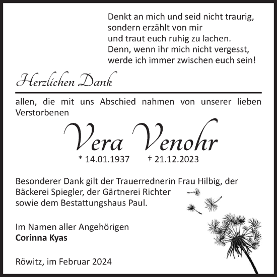 Traueranzeige von Vera Venohr von Volksstimme Altmark West
