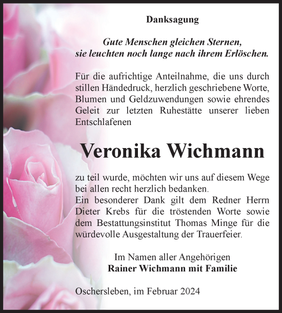 Traueranzeige von Veronika Wichmann von Volksstimme Oschersleben/Wanzleben