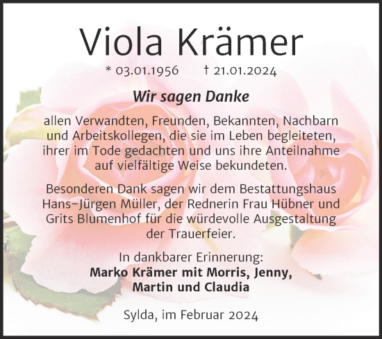 Traueranzeige von Viola Krämer von Trauerkombi Aschersleben
