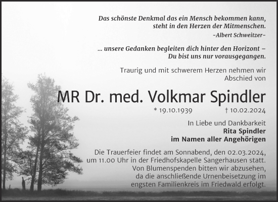 Traueranzeige von Volkmar Spindler von Trauerkombi Sangerhausen