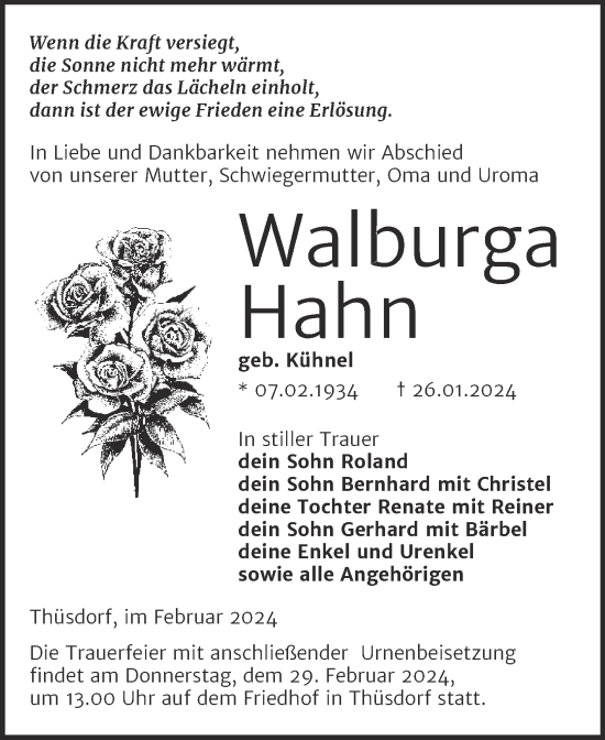 Traueranzeige von Walburga Hahn von Super Sonntag Naumburg/Nebra